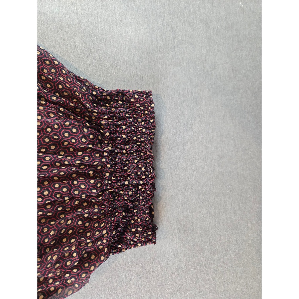 Free People Silk Blouse Women XS Burgundy Geometric Tie Neck Smocked Waist Top - Picture 8 of 11
